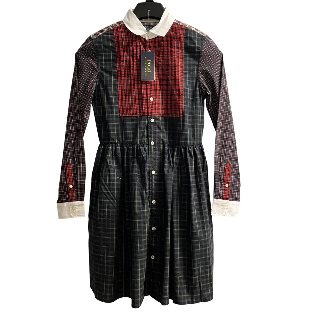 Polo Ralph Lauren Mixed Plaid Button Down Shirt Dress Size 16 Fit‎ Flare Preppy